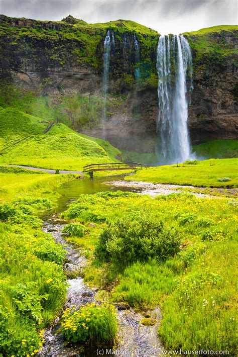 Waterfall In A Green Landscape Paradise Seljalandsfoss In