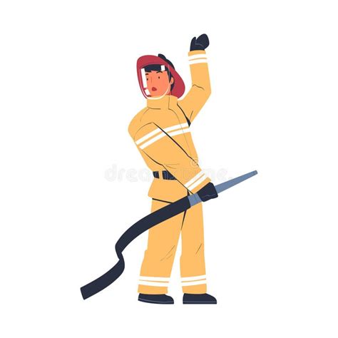 Professional Firefighter Using Hose Rescue Emergency Service In Action Cartoon Vector