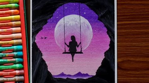 Girl On Swing In Moonlight Drawing With Oil Pastels Step By Step
