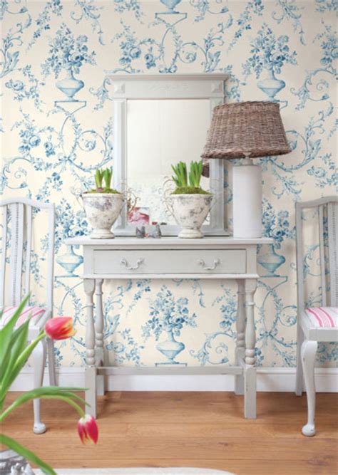 Light Blue Floral Urn Wallpaper Traditional Bedroom
