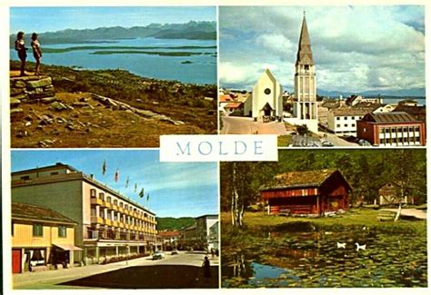 Les om arbeidsgivere og jobbmuligheter i fylket. Møre og Romsdal fylke Molde 4-bilders kort 1950-tallet ...