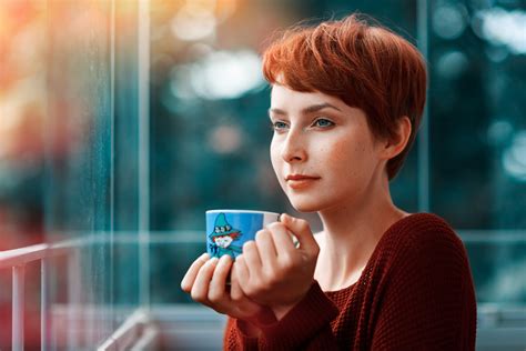 wallpaper women redhead blue eyes short hair red freckles cup person skin color