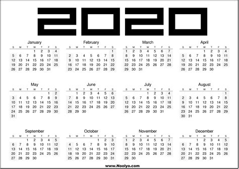 2020 Printable Calendar Black And White Calendars Printable