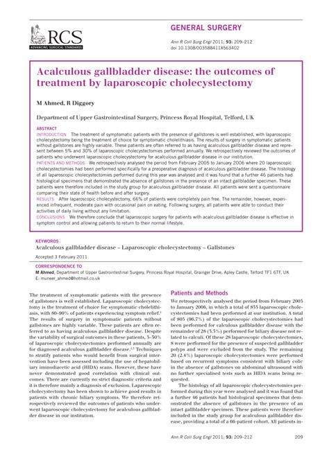 Pdf Acalculous Gallbladder Disease The Outcomes Of Treatment By