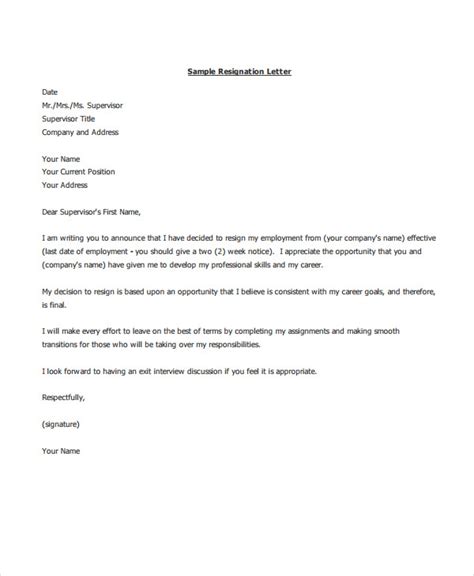 standard resignation letter template  sample