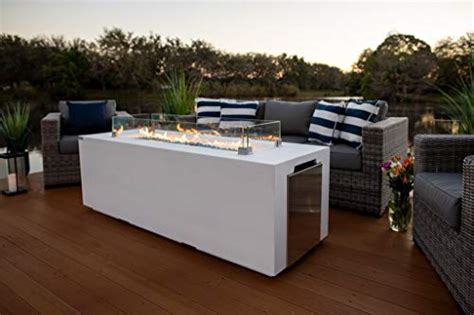 70 Linear Rectangular Modern Concrete Fire Pit Table W Glass Guard And Crystals In White By