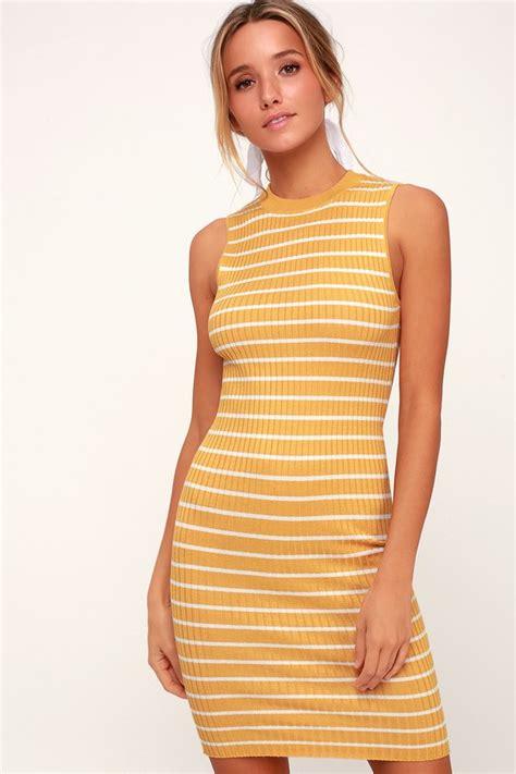 Cute Yellow Striped Dress Ribbed Knit Dress Bodycon Dress Lulus