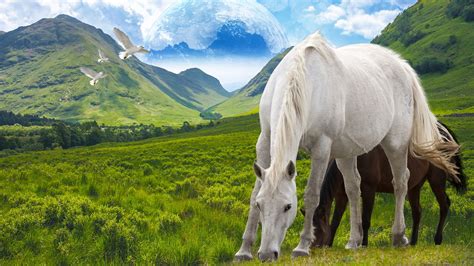 1920x1080 Wallpaper White And Brown Horse On Green Grassfield Peakpx
