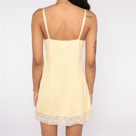 Pastel Yellow Slip Dress 80s Lace Nightgown Lingerie Mini Nylon Boho