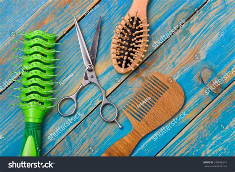 Professional Scissors Haircuts Two Wooden Combs Stock Photo 249096214