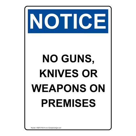 Vertical No Guns Knives Or Weapons On Premises Sign Osha Notice