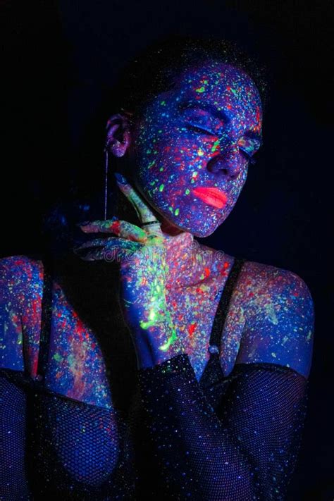 Fashion Model Woman In Neon Light Portrait Of A Beautiful Model With Fluorescent Makeup Body