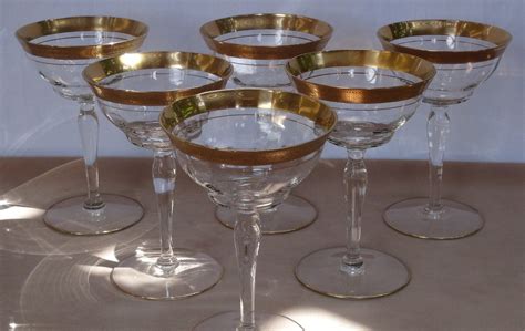 Vintage Gold Rimmed Crystal Champagne Coupe Cocktail Glasses