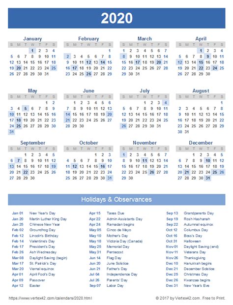 2020 Calendar Printable Free Pdf Holidays