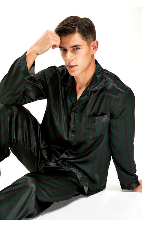 Mens Silk Satin Pajama Set Long Sleeve Green And Burgundy Striped
