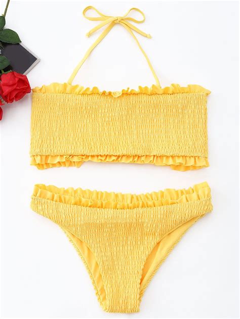 Off Frilled Smocked Bikini Set In Yellow Zaful