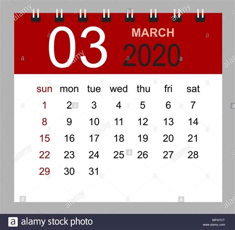 The third month of the year in the gregorian calendar. Simple desk calendar for March 2020. Week starts Sunday ...
