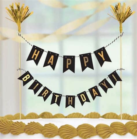 Black And Hot Stamped Metallic Gold Happy Birthday Banner Cake Topper Kit