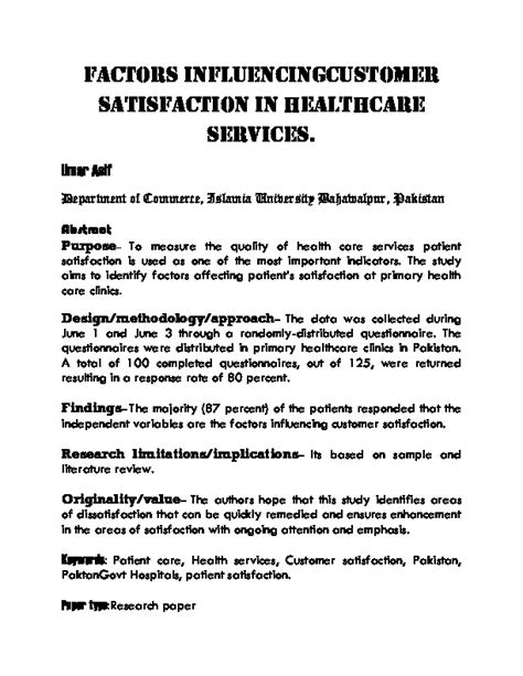 Download Pdf Factors Influencing Customer Satisfaction In Healthcare