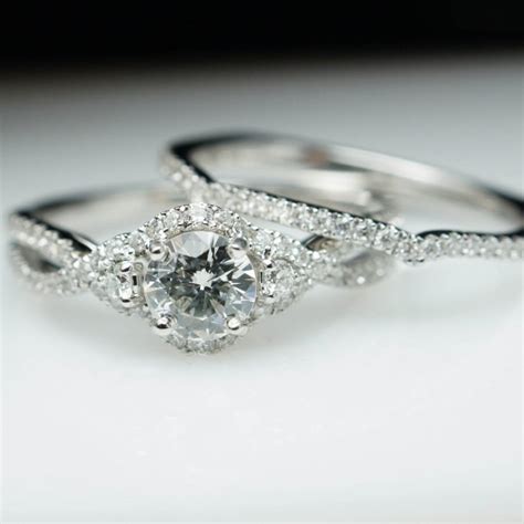 Diamond Halo Engagement Ring Wedding Band Complete Bridal Set 14k White