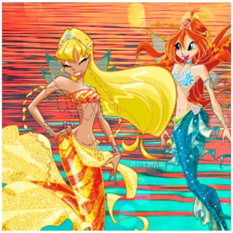 Two Mermaids Are Standing Next To Each Other