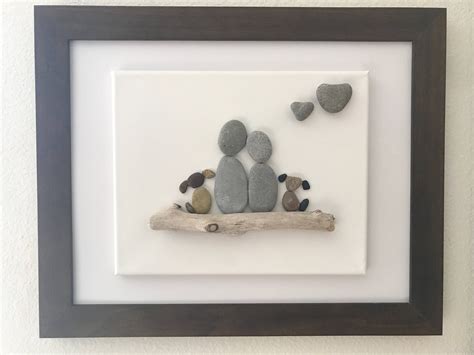 Pebble art couple with two dogs framed art wall art love | Etsy