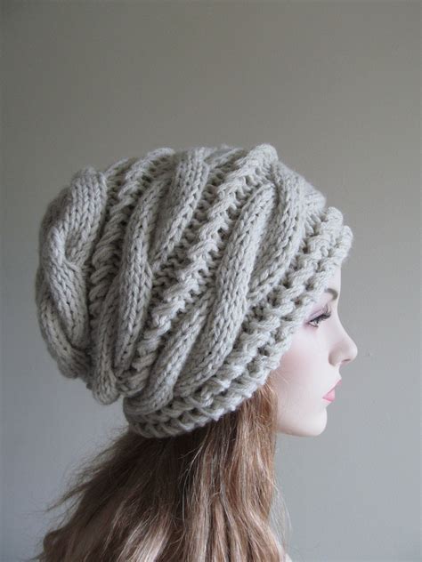 Slouchy Beanie Slouch Hats Oversized Baggy Gray Cabled Hat Etsy In