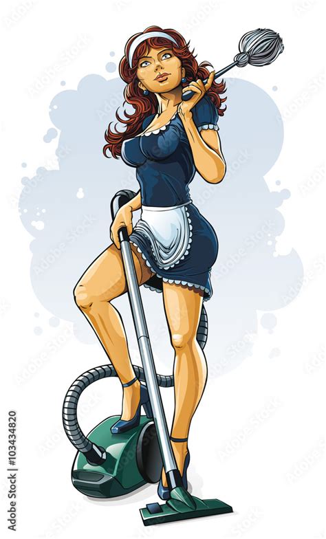 Beauty Sexy House Maid In Standing Pose With Duster And Vacuum Cleaner