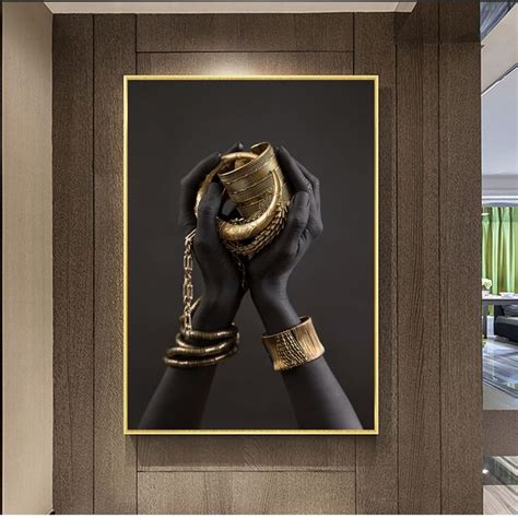 Black Womans Hand With Gold Jewelry Canvas Paintings On The Wall Art