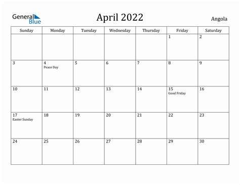 April 2022 Monthly Calendar With Angola Holidays