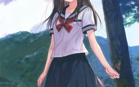 Download 1920x1200 Anime Girl Brown Hair School Uniform Sky Clouds