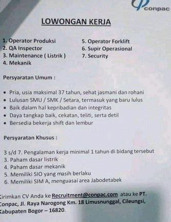 Selamat membangun karir dalam dunia kerja bagi kamu yang sedang melamar. Lowongan Kerja Via Email PT Conpac Cileungsi Bogor ...