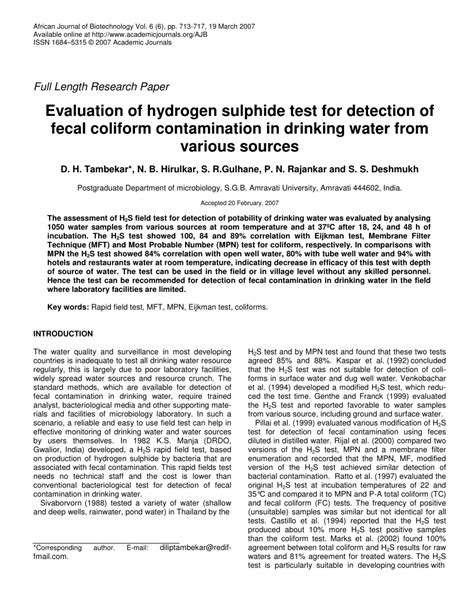 Pdf Evaluation Of Hydrogen Sulphide Test For Detection Of Fecal Coliform Contamination In