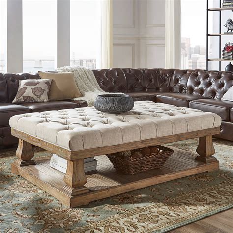 Weston Home Galvin Transitional Wood And Tufted Linen Coffee Table