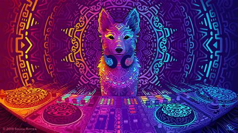 Hd Wallpaper Psychedelic Abstract Colorful Wolf Headphones Music