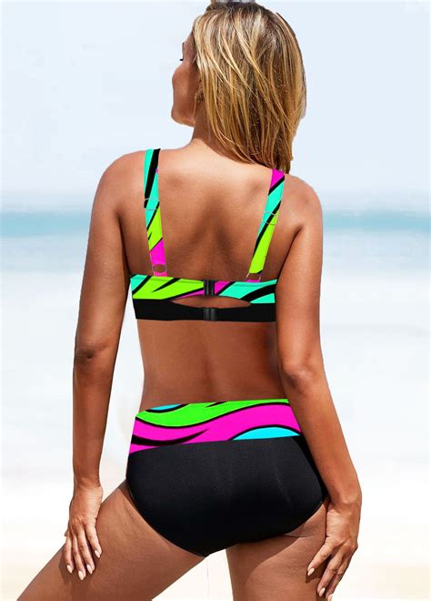 Multi Color Wide Strap Mid Waist Bikini Set | Multicolor bikini, Mid waist bikini, Bikini set
