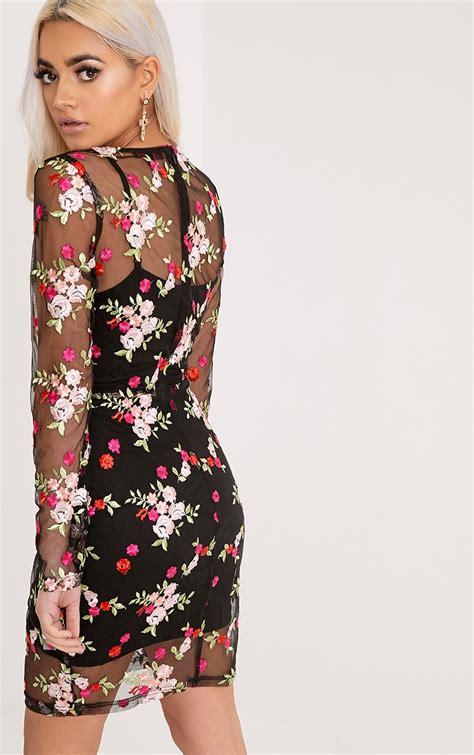 Phoebe Black Floral Embroidered Bodycon Dress Prettylittlething