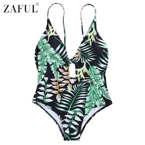 Zaful 2017 New Sexy Plunge Leaf Print One Piece Swimwear Bathing Suit