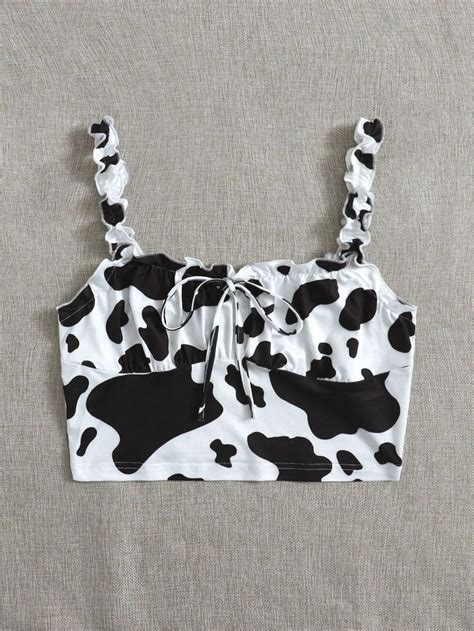 Shein Cow Print Ruched Bust Frill Trim Top Cow Outfits Cows Fashion