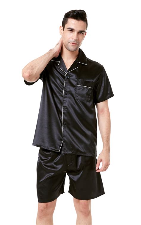 Mens Silk Satin Pajama Set Short Sleeve Black With White Piping Tony