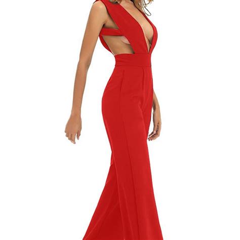 Hualong Sexy Sleeveless Cut Out V Neck Red Wide Leg Jumpsuit Online Store For Women Sexy Dresses