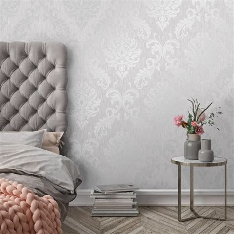 Chelsea Glitter Damask Wallpaper Soft Grey Silver In 2020 Feature