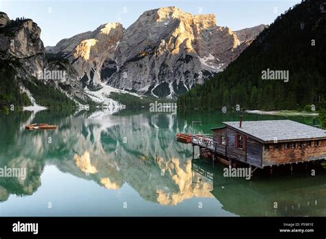 Braies Lake Pragser Wildsee Lago Di Braies In Dolomites Mountains