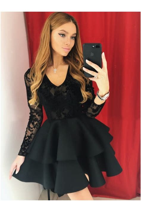 Short Black Prom Dress Long Sleeves Lace Homecoming Graduation Cocktail Dresses 701163