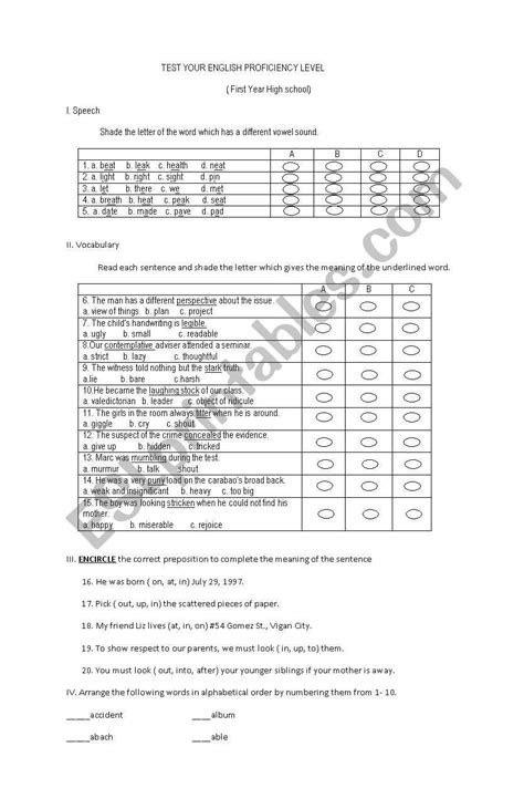 English Proficiency Test Worksheet
