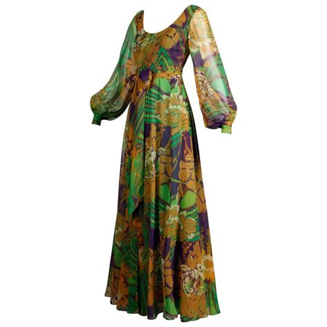 1970s vintage tropical print sheer sleeves chiffon maxi dress with full sweep for sale at 1stdibs