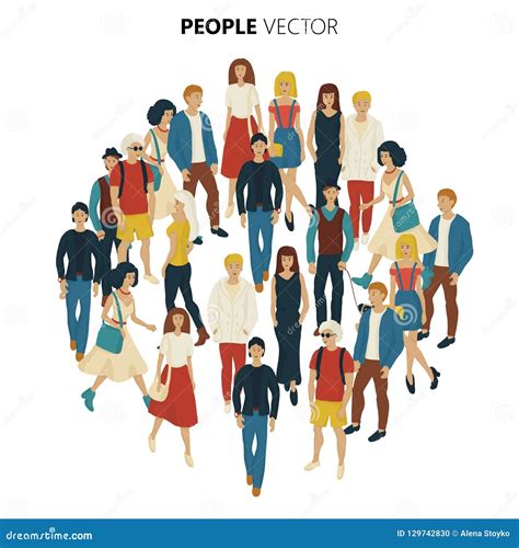 People Crowd Cartoon Style Illustration Of Young Men And Woman Stock