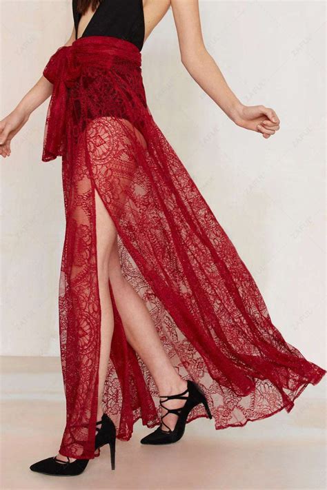25 Off 2021 See Through High Waisted Red Lace Skirt In Red Zaful