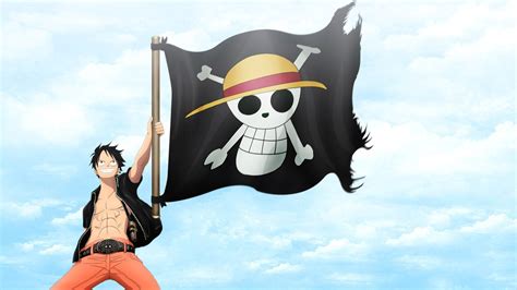 One Piece Luffy With A Flag With Background Of Cloudy Blue