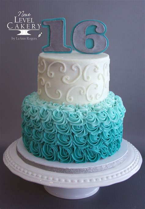 Pictures of sweet 16 cakes. sweet 16 birthday cake, scroll work, rosettes, ombre teal cake, silver and teal cake | 16th ...